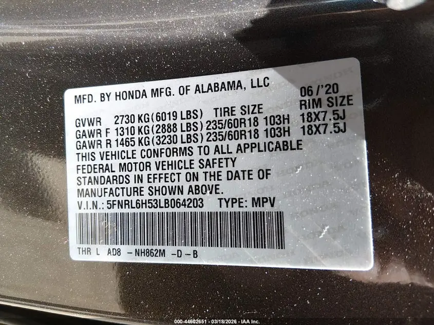 2020 HONDA ODYSSEY EX