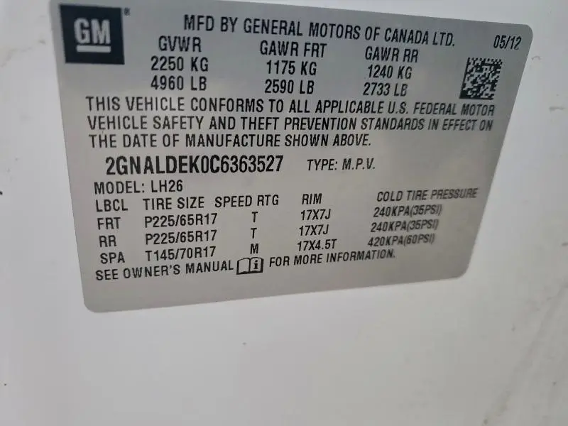 2012 CHEVROLET EQUINOX LT  