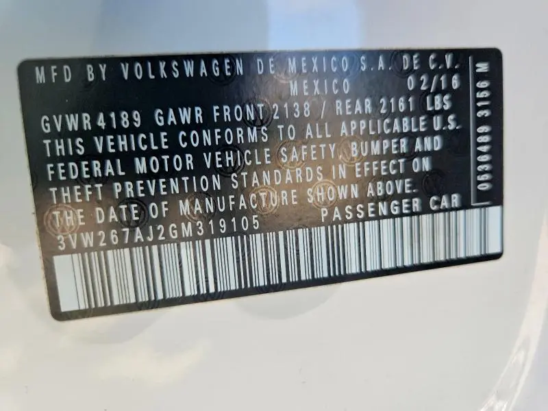 2016 VOLKSWAGEN JETTA S  