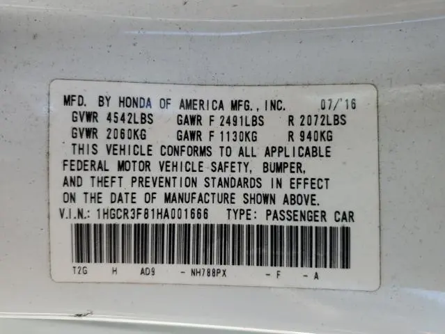 2017 HONDA ACCORD EXL