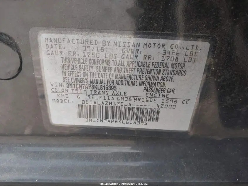 2019 NISSAN VERSA 1.6 S+