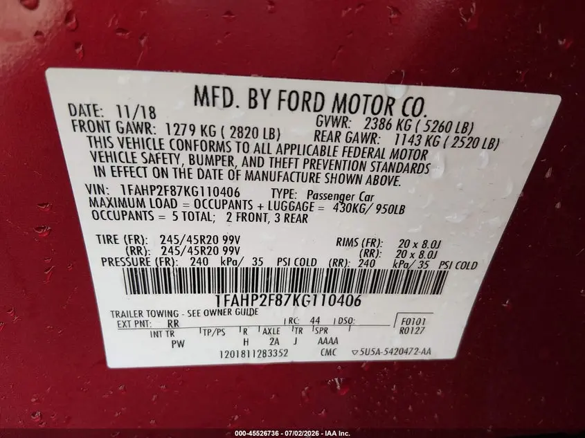 2019 FORD TAURUS LIMITED