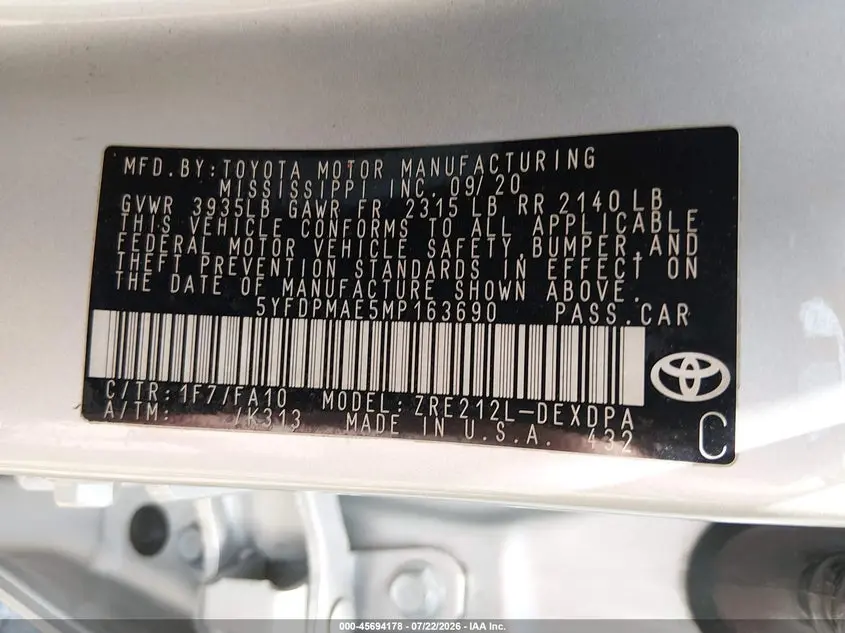 2021 TOYOTA COROLLA L