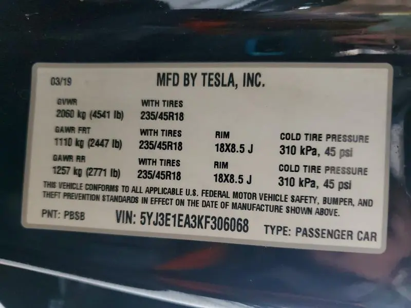2019 TESLA MODEL 3   