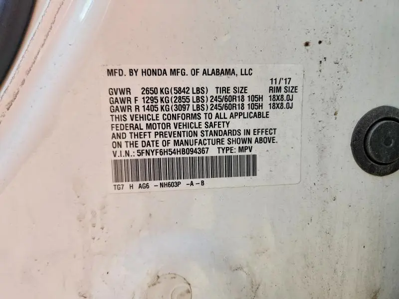 2017 HONDA PILOT EXL  