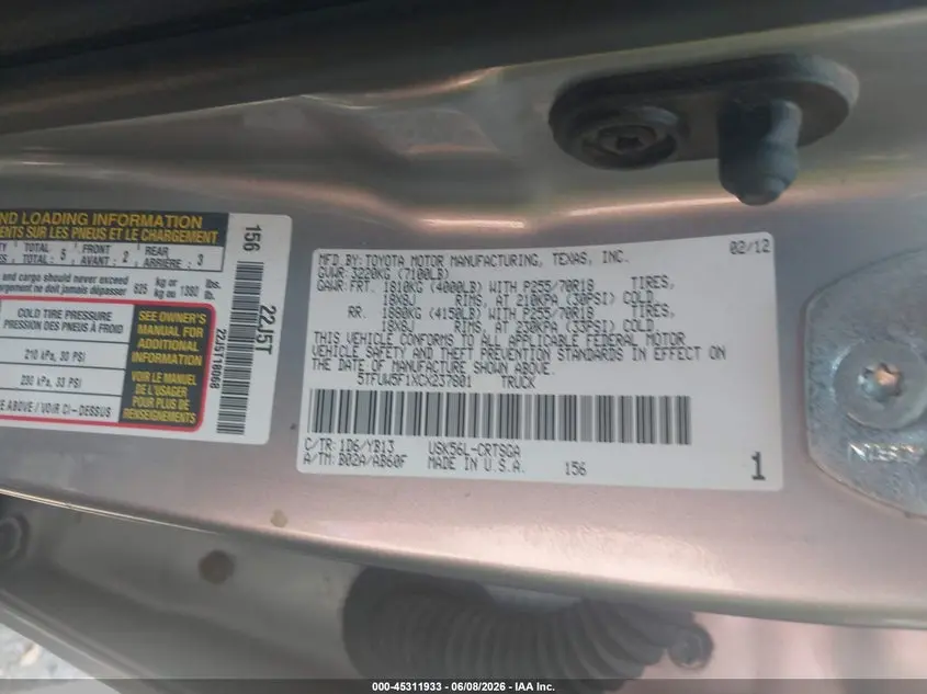 2012 TOYOTA TUNDRA GRADE 5.7L V8