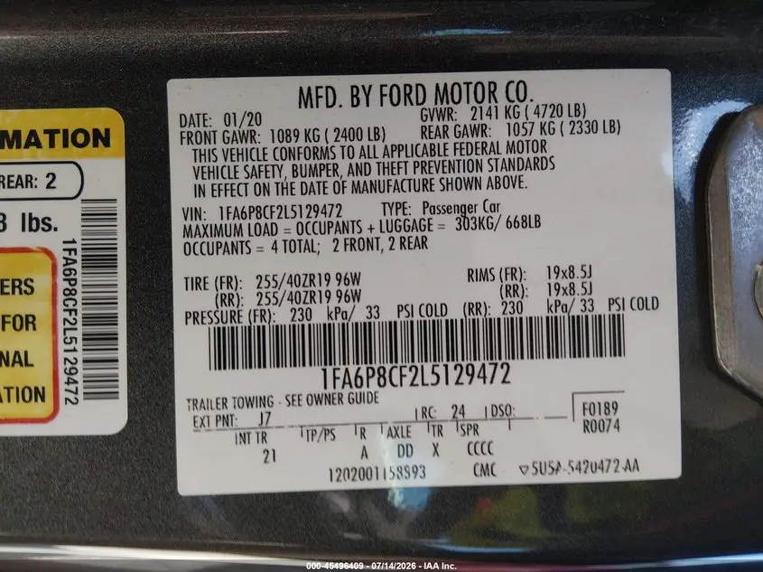 2020 FORD MUSTANG GT FASTBACK