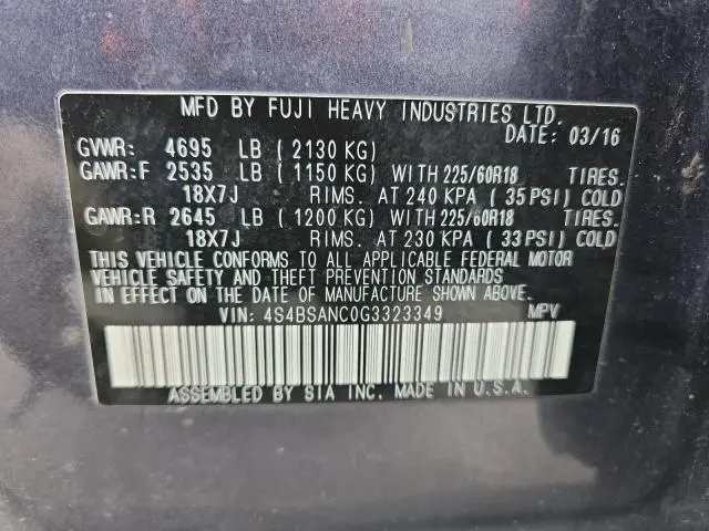 2016 SUBARU OUTBACK 2.5I LIMITED  