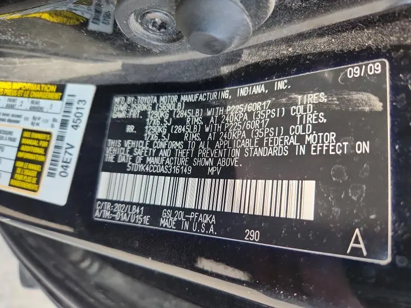 2010 TOYOTA SIENNA XLE  