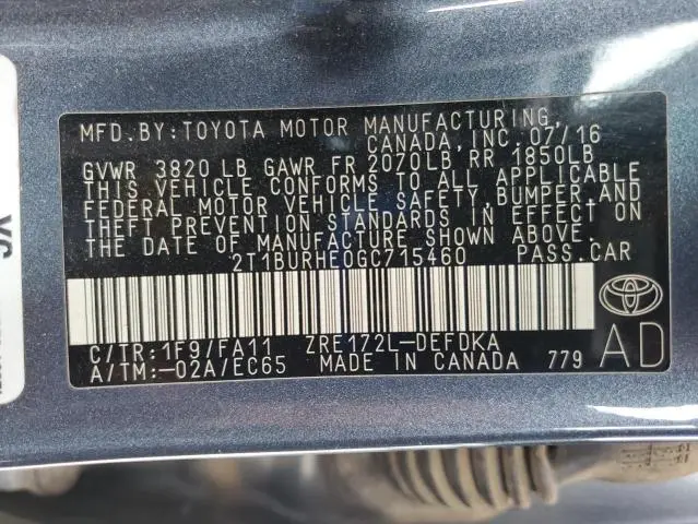 2016 TOYOTA COROLLA L  