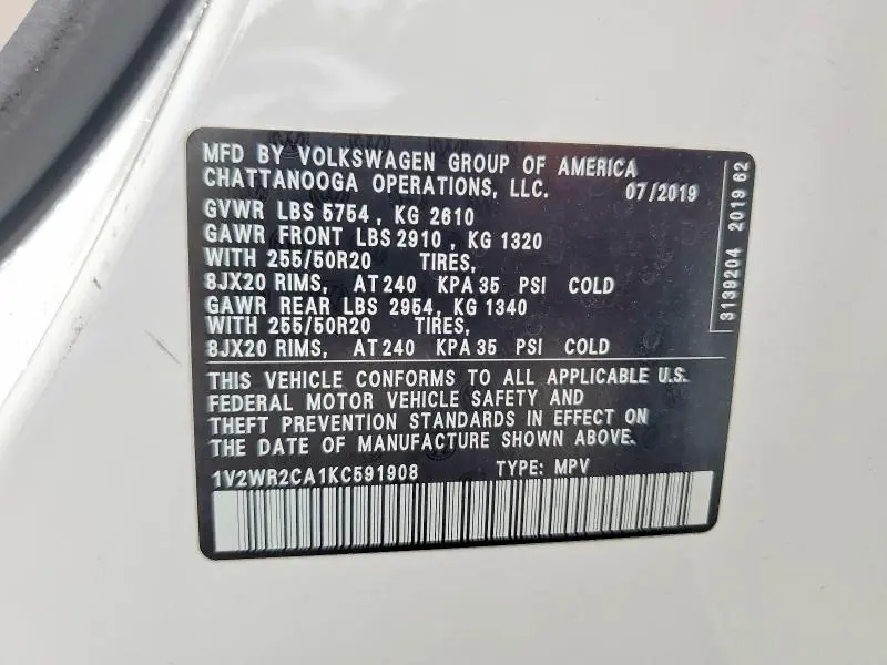 2019 VOLKSWAGEN ATLAS SE  