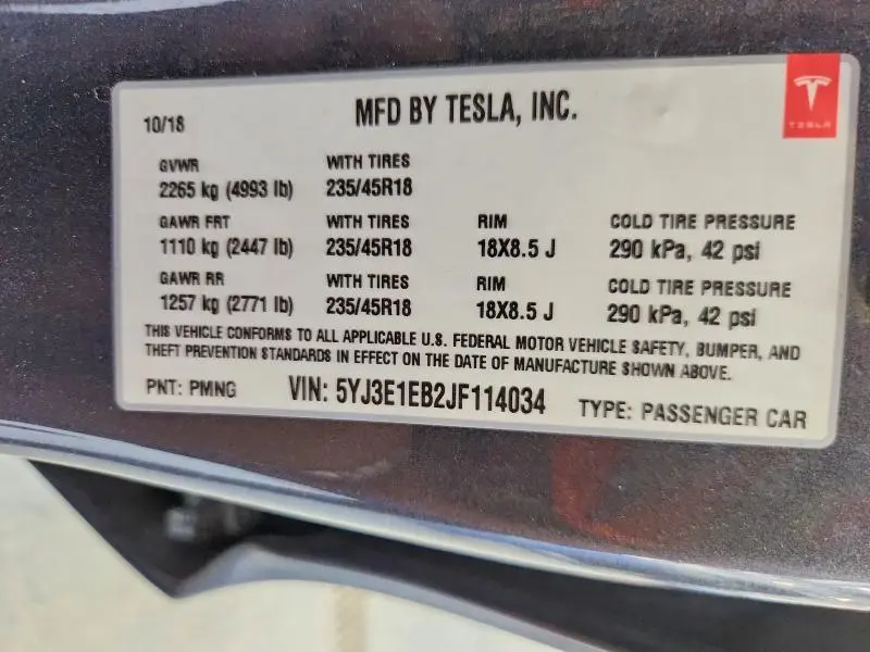 2018 TESLA MODEL 3   