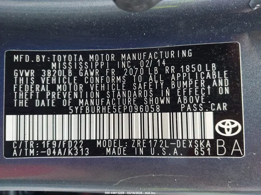 2014 TOYOTA COROLLA S/S PLUS/S PREMIUM