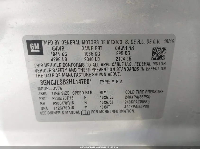 2017 CHEVROLET TRAX LT