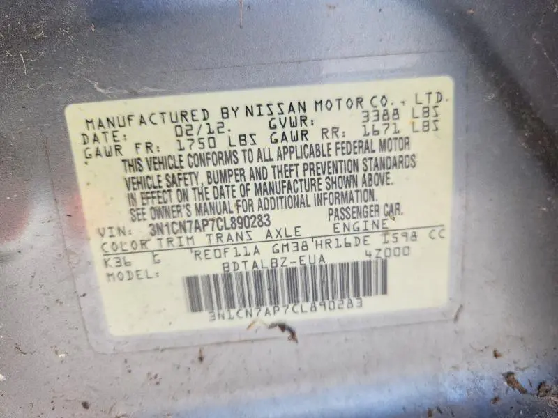 2012 NISSAN VERSA 1.6 S  