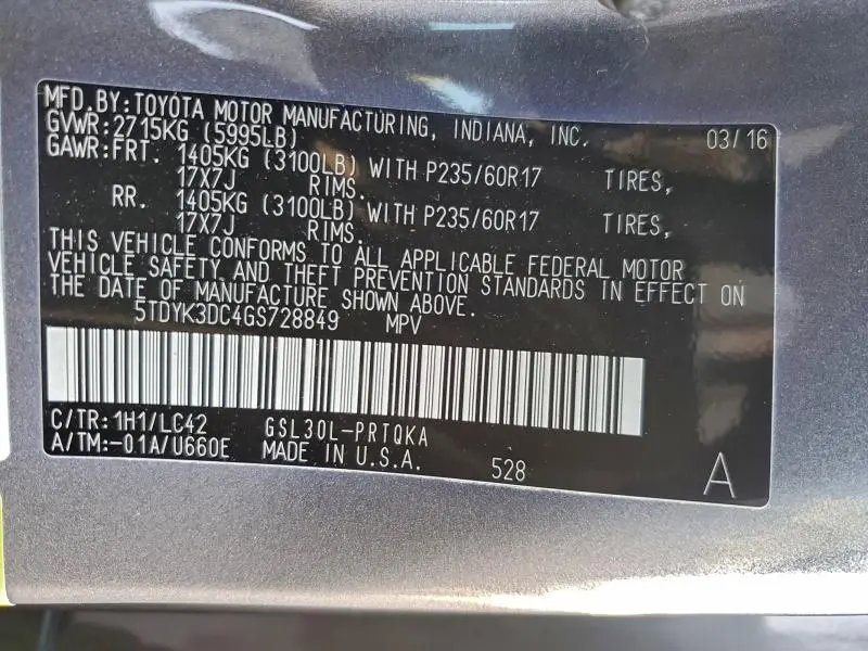 2016 TOYOTA SIENNA XLE  