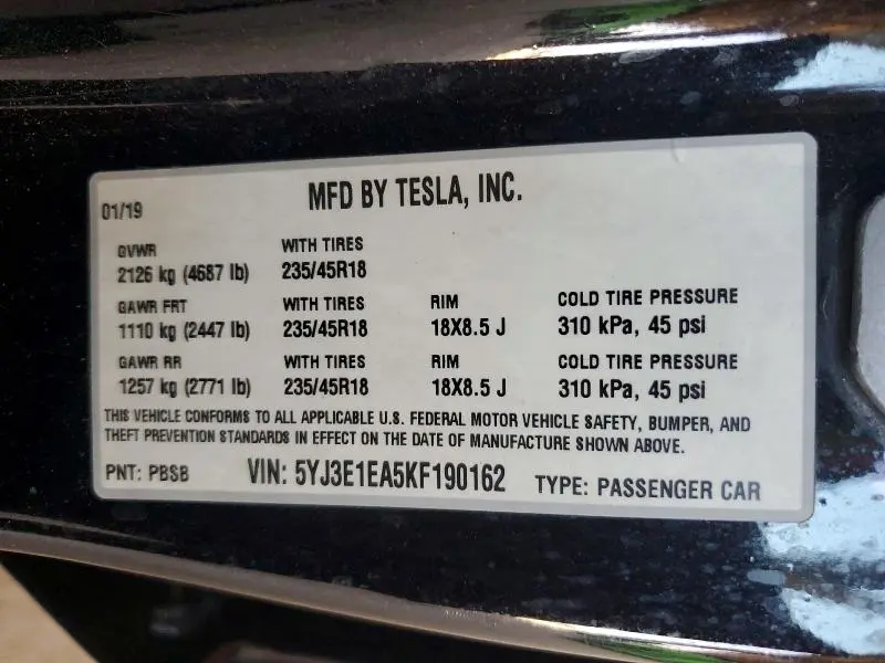 2019 TESLA MODEL 3   
