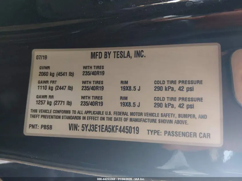 2019 TESLA MODEL 3 LONG RANGE/MID RANGE/STANDARD RANGE/STANDARD RANGE PLUS
