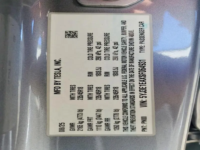 2025 TESLA MODEL 3   