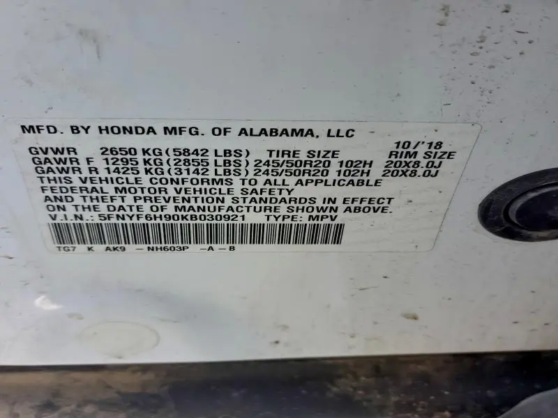 2019 HONDA PILOT TOURING  