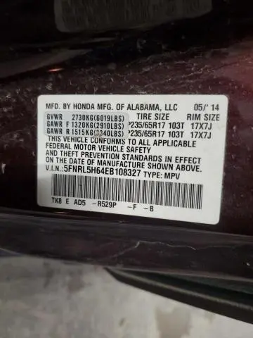 2014 HONDA ODYSSEY EXL  