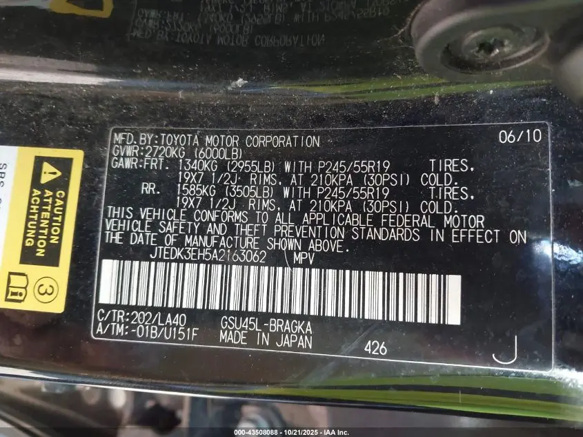 2010 TOYOTA HIGHLANDER LIMITED V6