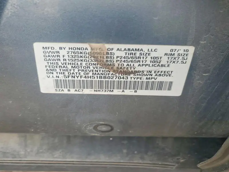 2011 HONDA PILOT EXL  