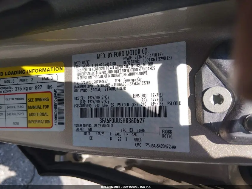 2017 FORD FUSION HYBRID S