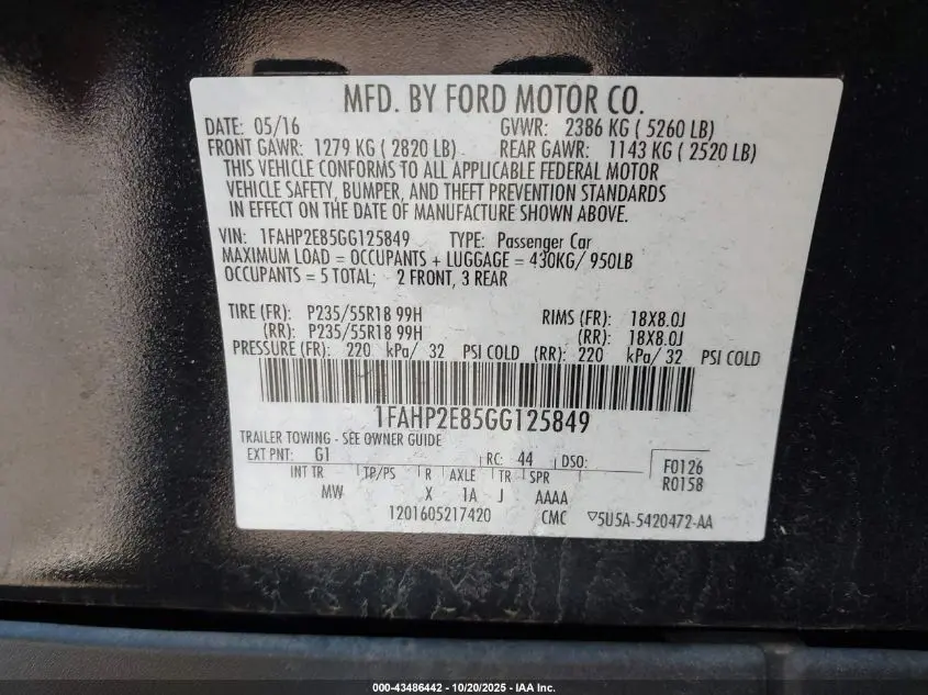 2016 FORD TAURUS SEL