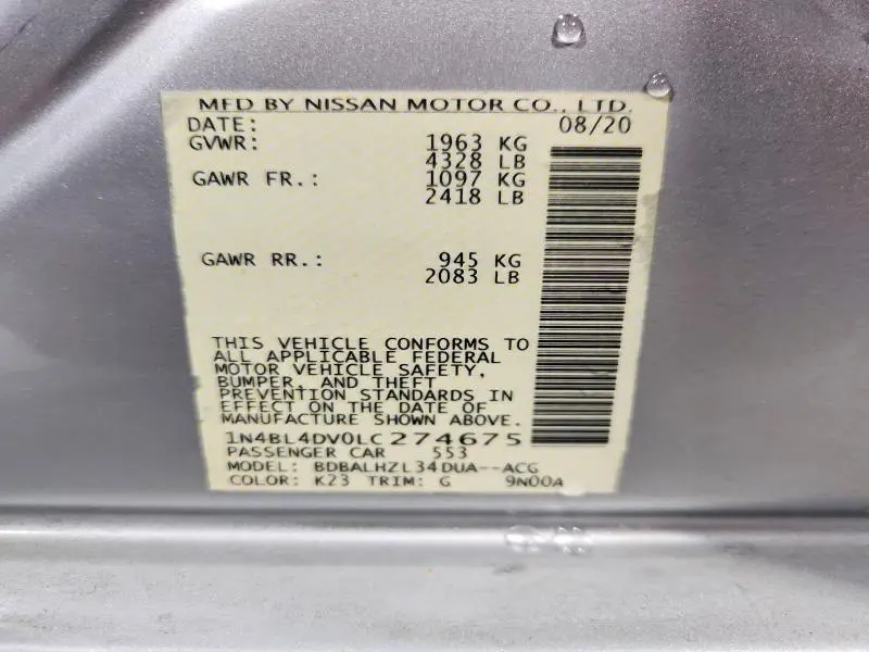 2020 NISSAN ALTIMA SV  