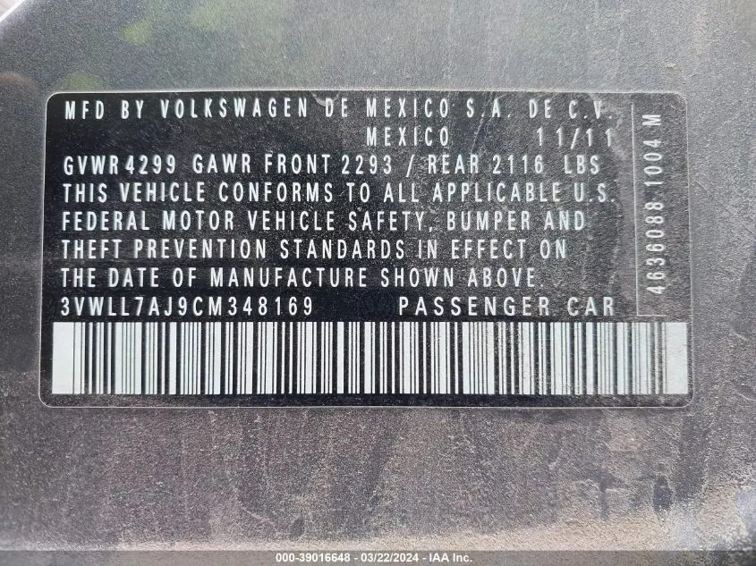 2012 VOLKSWAGEN JETTA 2.0L TDI