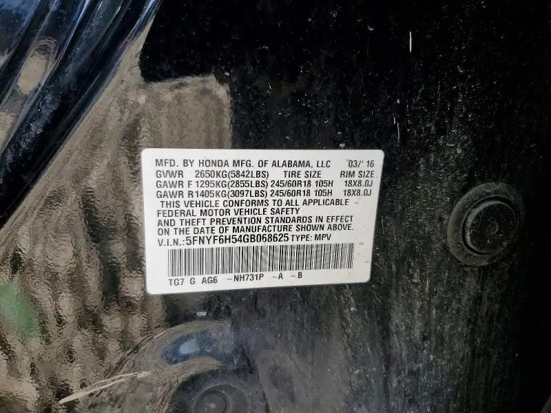 2016 HONDA PILOT EXL  