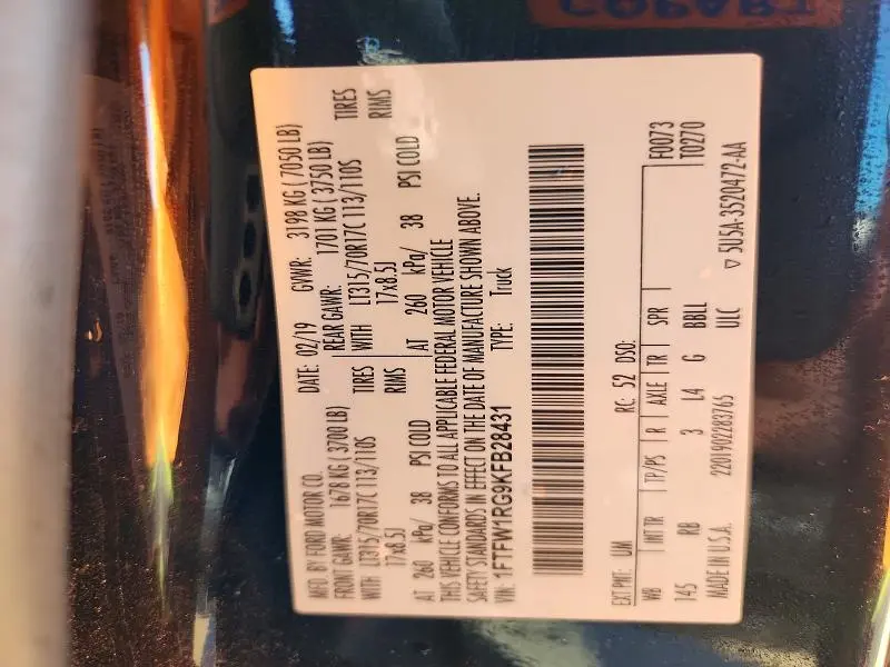 2019 FORD F150 RAPTOR  