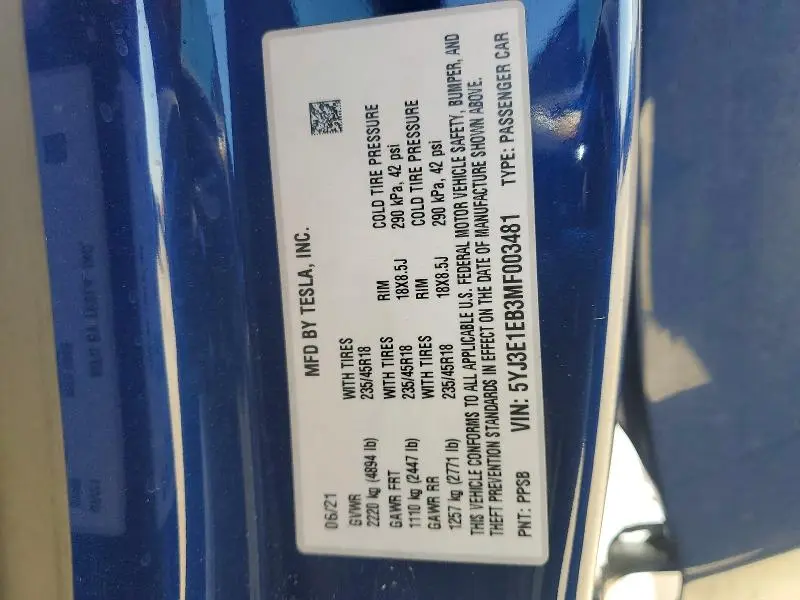 2021 TESLA MODEL 3   