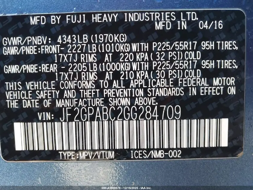 2016 SUBARU CROSSTREK 2.0I PREMIUM