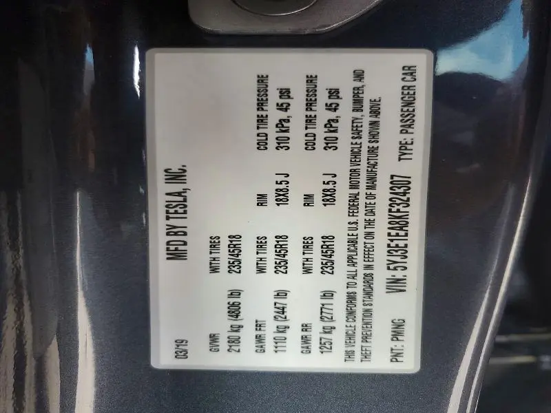 2019 TESLA MODEL 3   