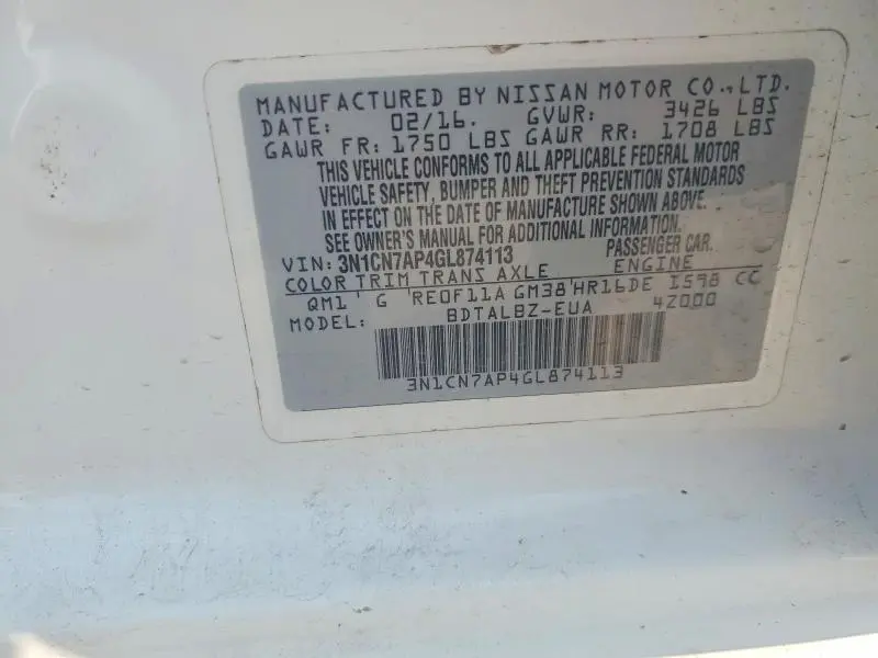 2016 NISSAN VERSA 1.6 SV  