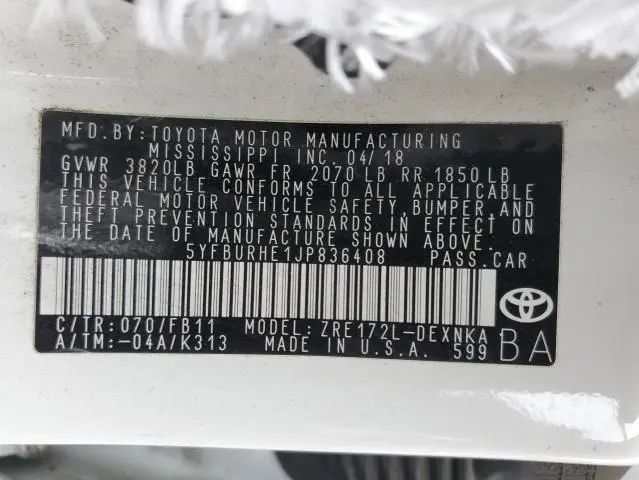 2018 TOYOTA COROLLA L  