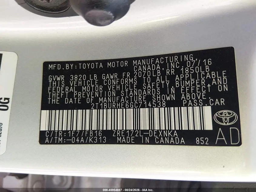 2016 TOYOTA COROLLA LE