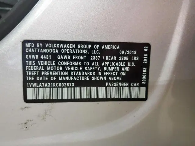 2019 VOLKSWAGEN PASSAT WOLFSBURG  