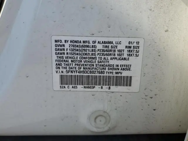 2012 HONDA PILOT TOURING  