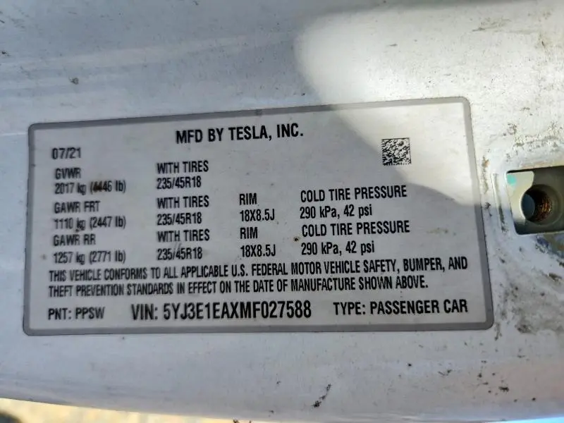 2021 TESLA MODEL 3   