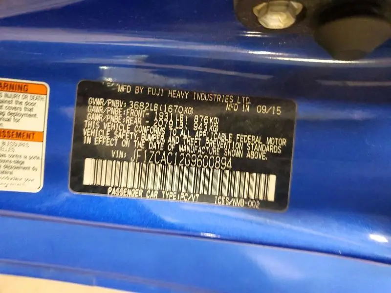 2016 SUBARU BRZ 2.0 LIMITED  
