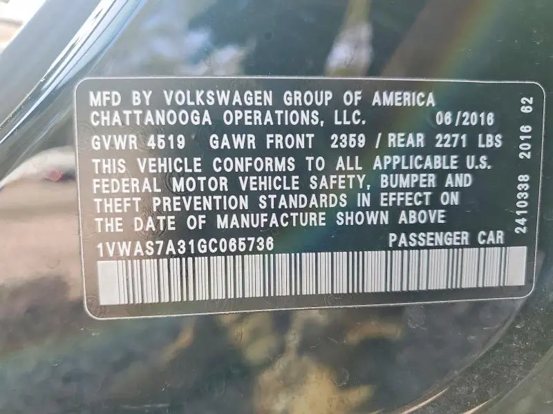 2016 VOLKSWAGEN PASSAT S  