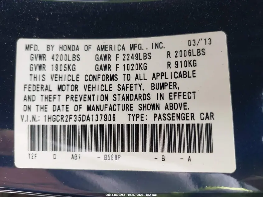 2013 HONDA ACCORD LX