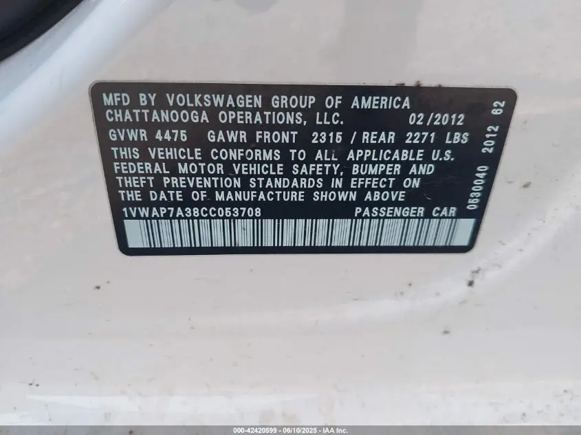 2012 VOLKSWAGEN PASSAT 2.5L S