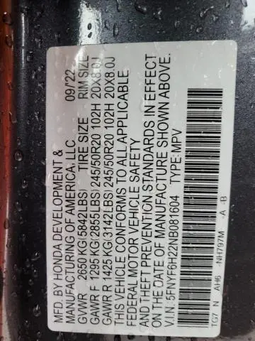 2022 HONDA PILOT SE  