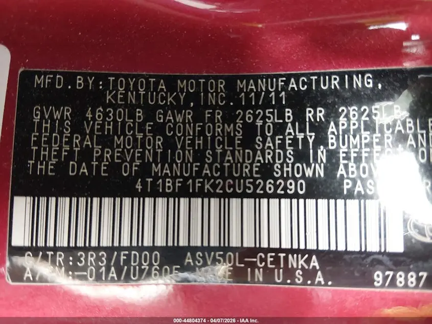 2012 TOYOTA CAMRY LE