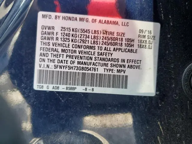 2016 HONDA PILOT EXLN  