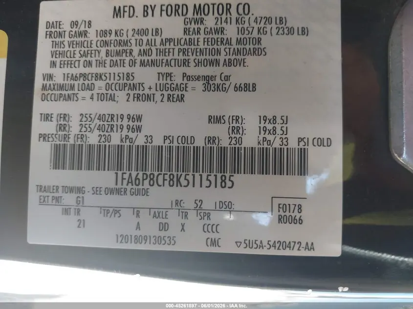 2019 FORD MUSTANG GT